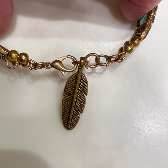 Triple Strand of Light Blue & Gold Beaded Bracelet with Feather Charm - Picture 7 of 7